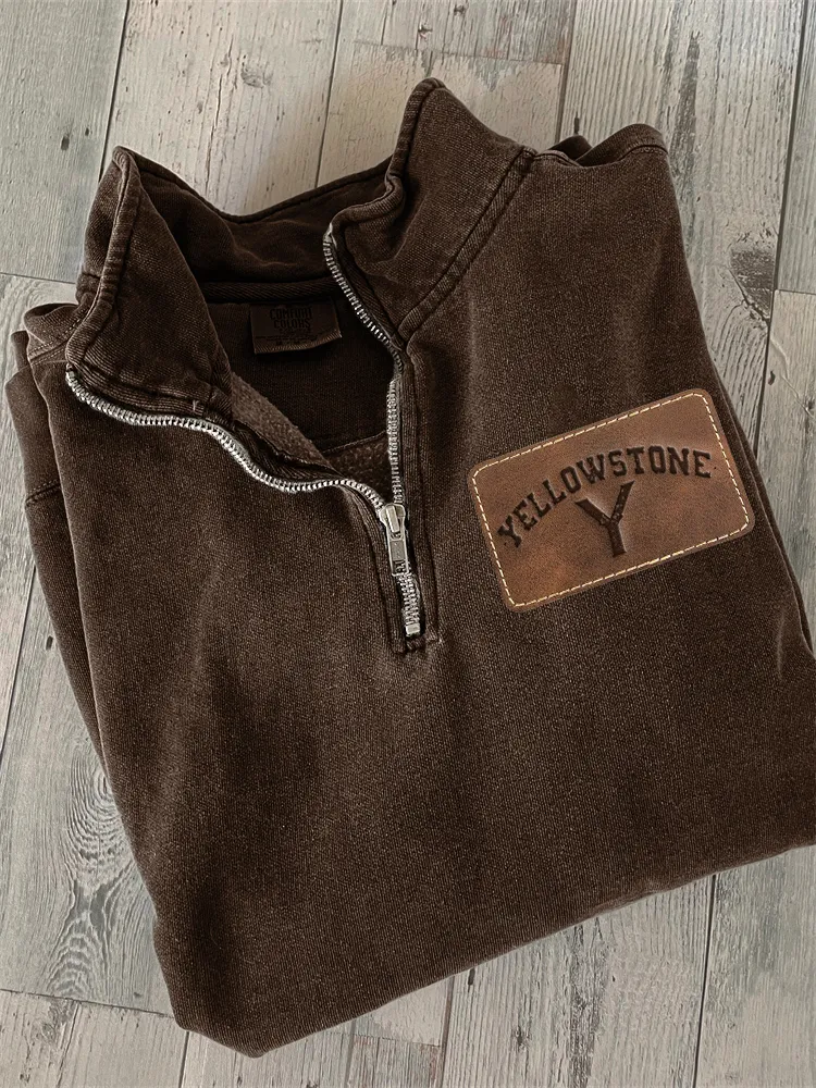 Western Logo Leather Patch Cowhide Zip Up Sweatshirt