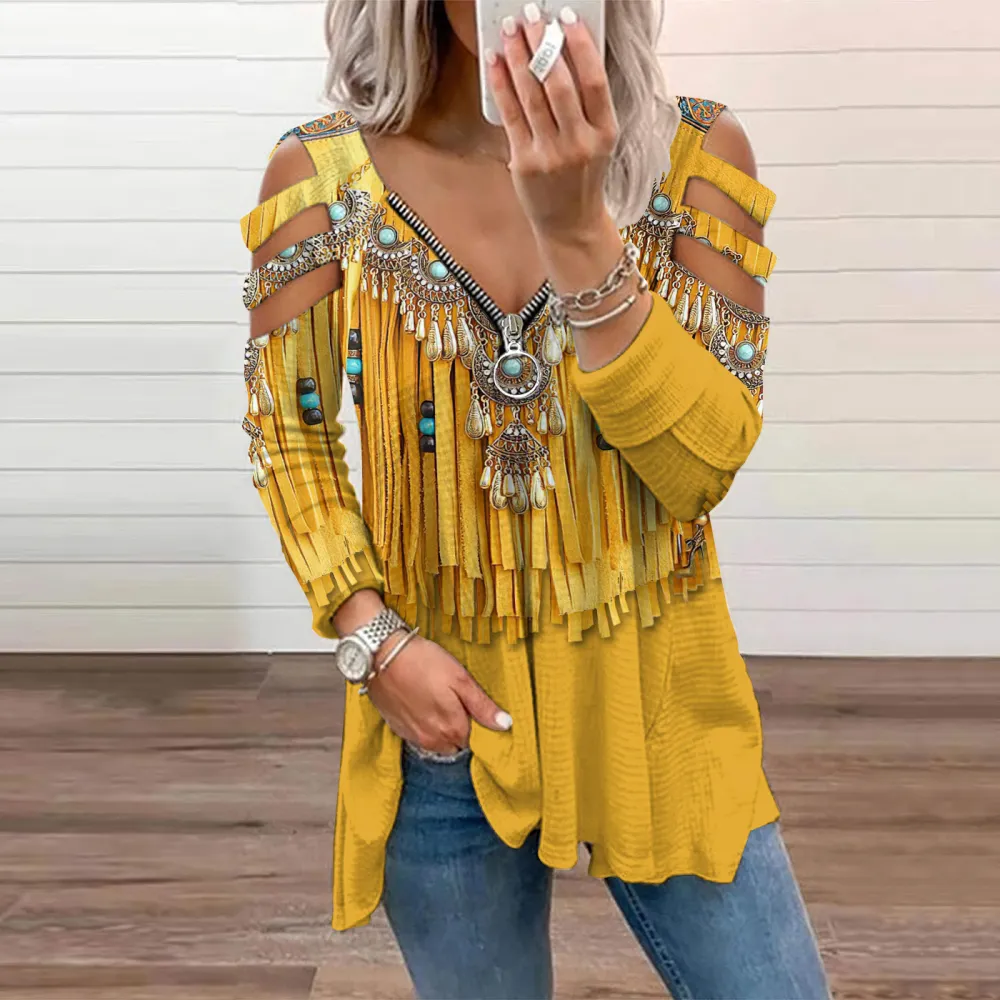 Western Tassels Printed Zip Up Hollow Out T-Shirt