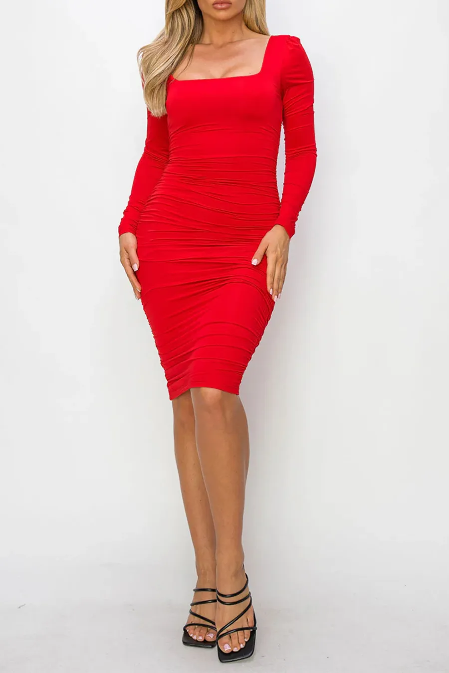 HyperBees Signature Long Sleeve Ruched Square Neck Midi Bodycon Dress