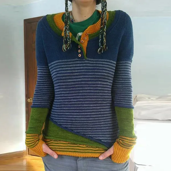 Vintage Striped Colorblock Single Breasted Sweater