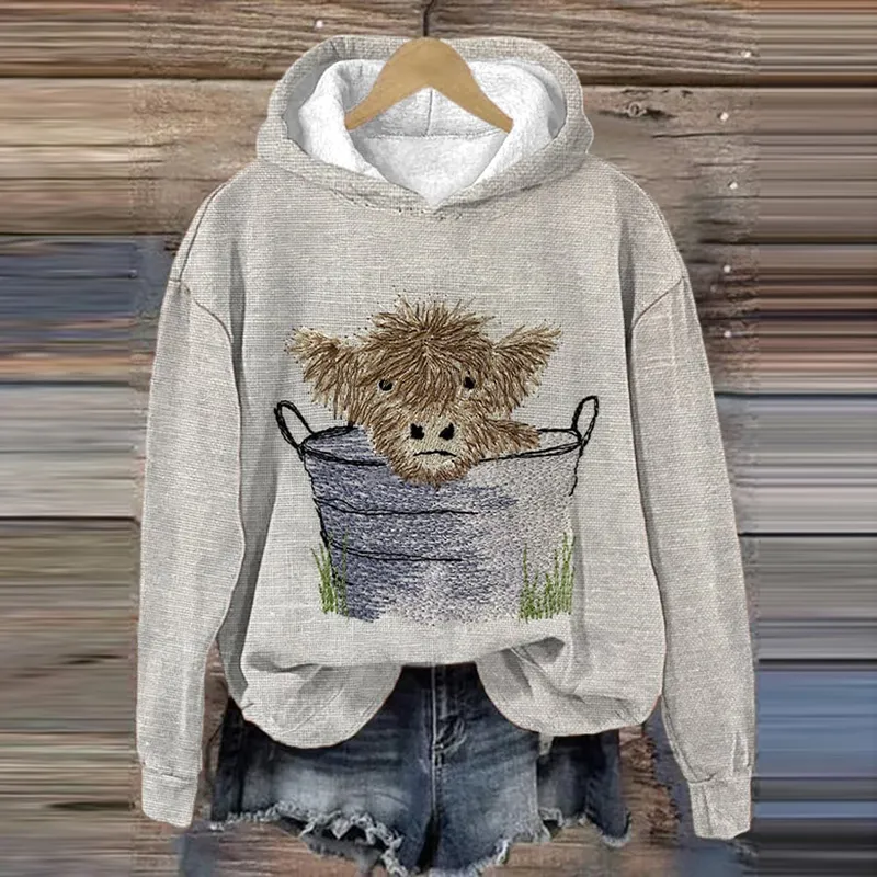 Highland Cows Print Long Sleeved Hoodie