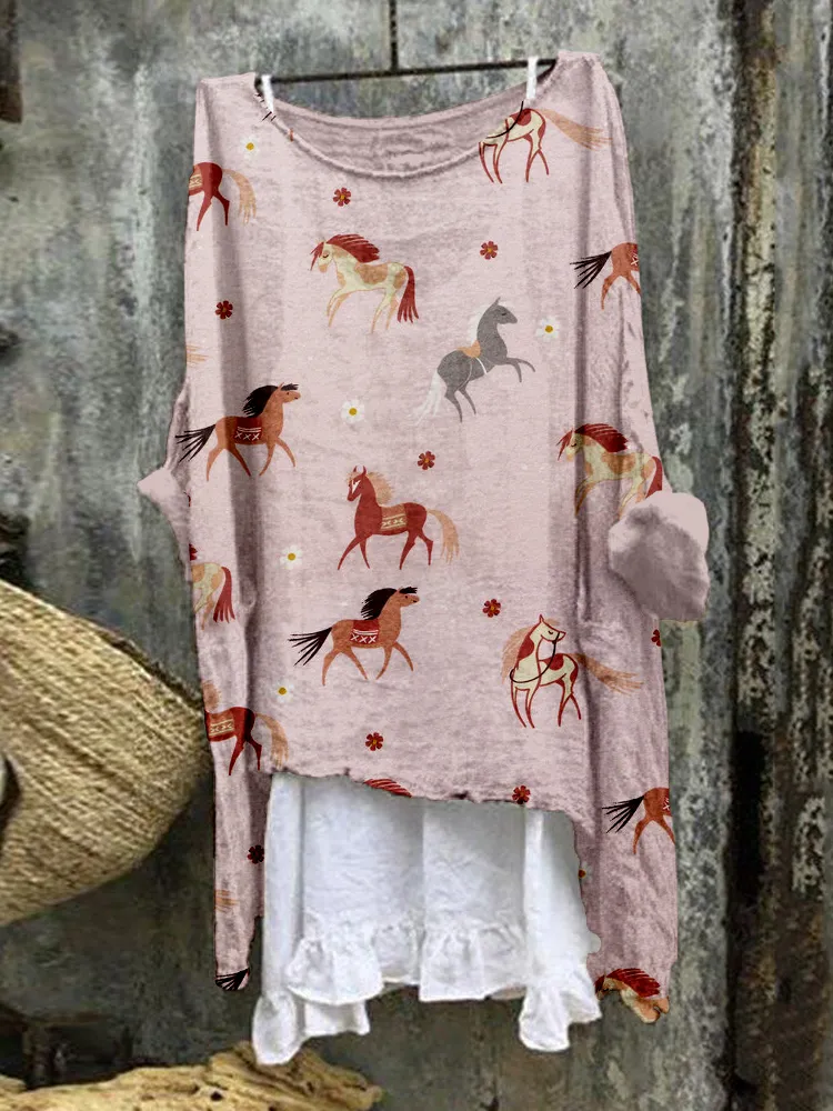 Western Pretty Horses Linen Blend Flowy Tunic