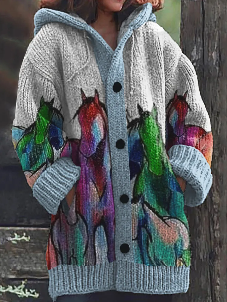 Leisure Horse Watercolor Art Hooded Long Cardigan