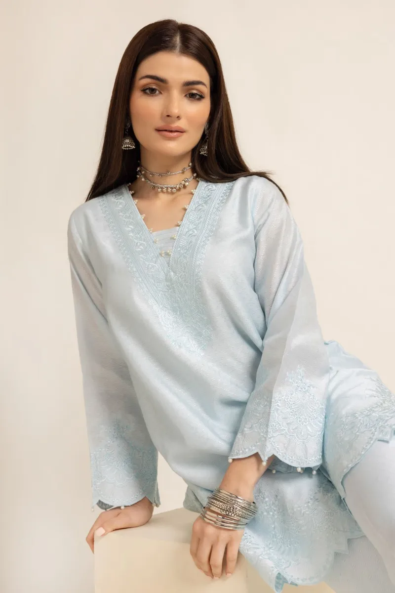 2 Piece Kurta | Embroidered & Pants | Light Blue