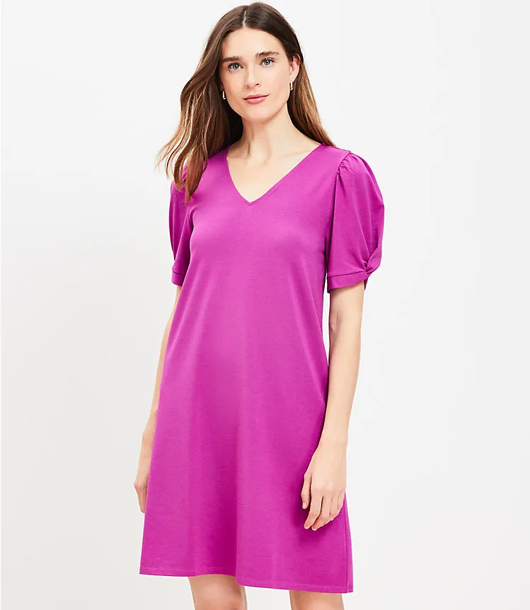 Knotted Puff Sleeve V-Neck Dress