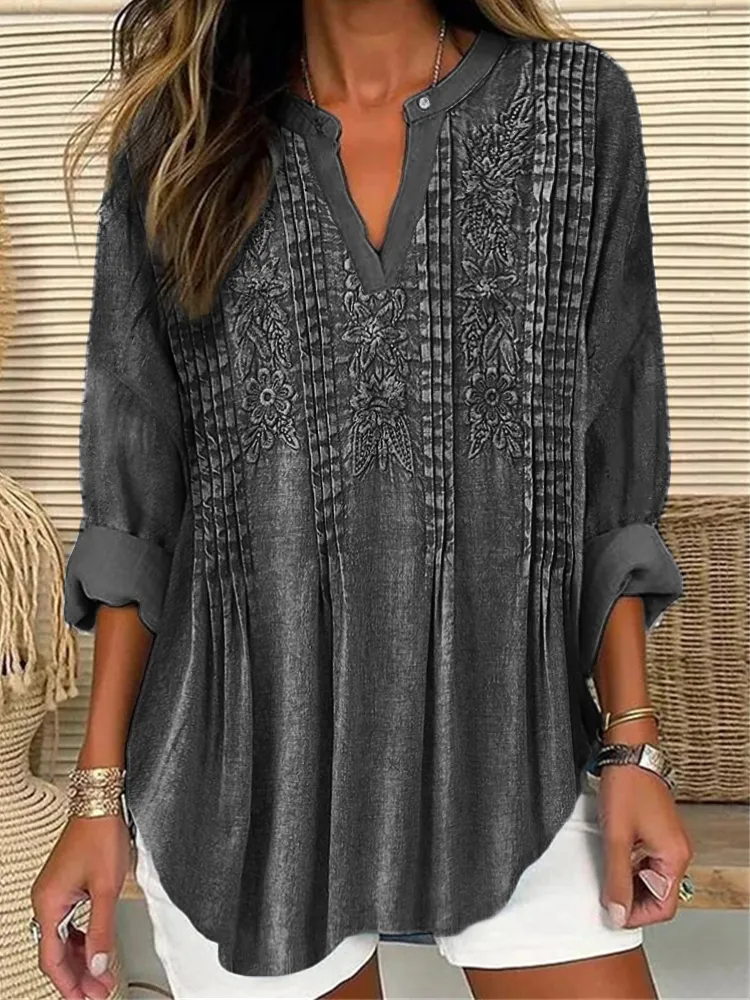 Western Floral Embossed Linen Blend Tunic