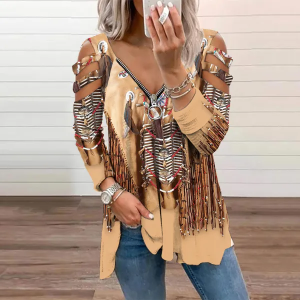 Western Tassels Leather Printed Hollow Out Zip Up T-Shirt