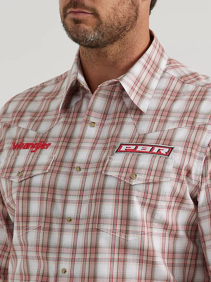 MEN'S WRANGLER® PBR® LOGO LONG SLEEVE PLAID WESTERN SNAP SHIRT IN RED TAN