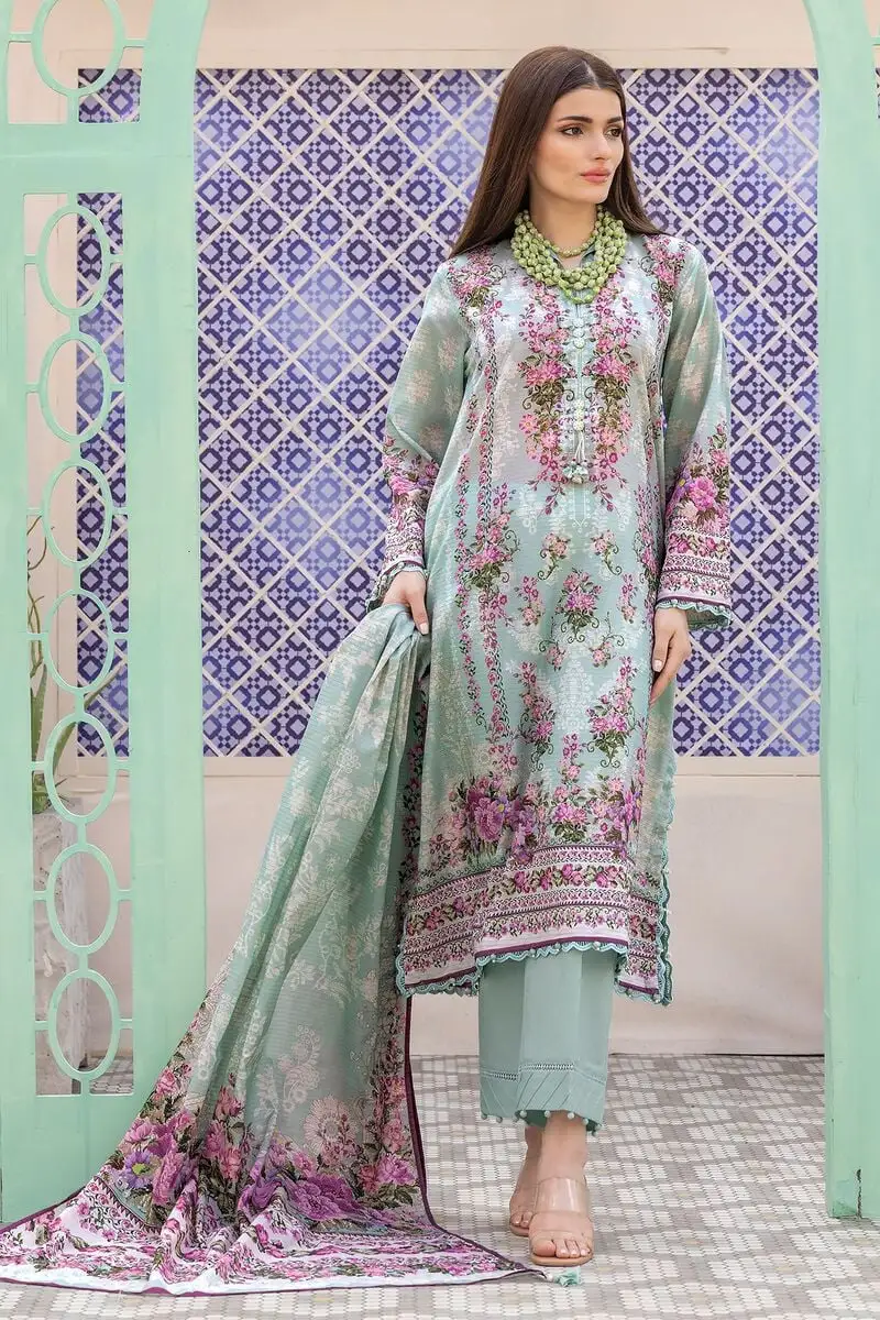 3 Piece Kurta Embroidered | Dupatta& Bottom & Tops | Color light green and purple