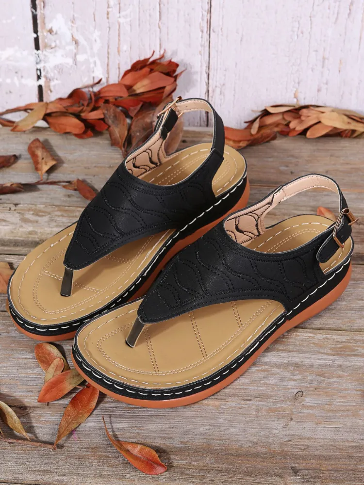 Buckle Solid Round Toe Flip-Flop Sandals