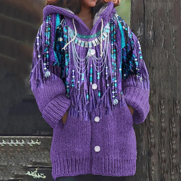 Western Tribal Fringe Decorative Print Art  Cozy Hooded Cardigan