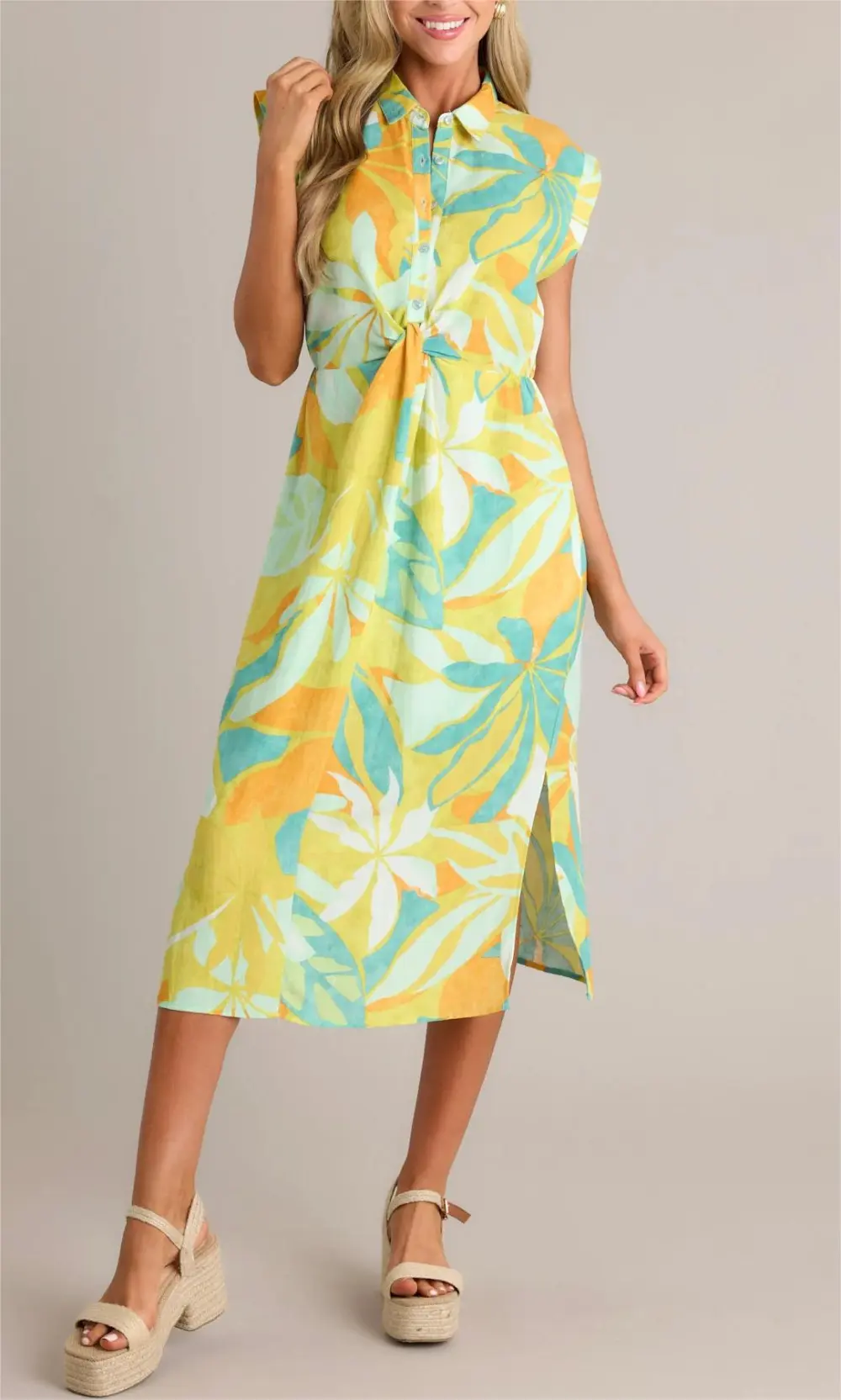 LIVE YOUR BEST LIFE LIME GREEN TROPICAL PRINT MIDI DRESS