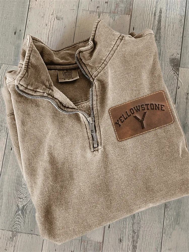 Western Logo Leather Patch Cowhide Zip Up Sweatshirt