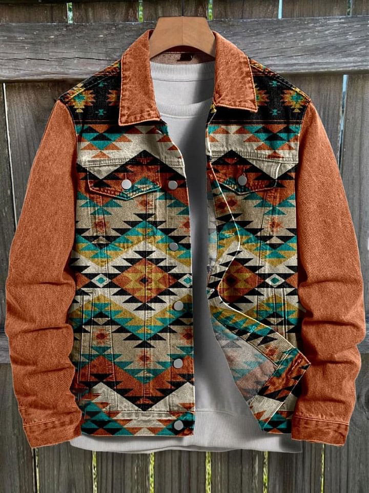 Vintage Orange Brown, Persian Print Casual Denim Jacket