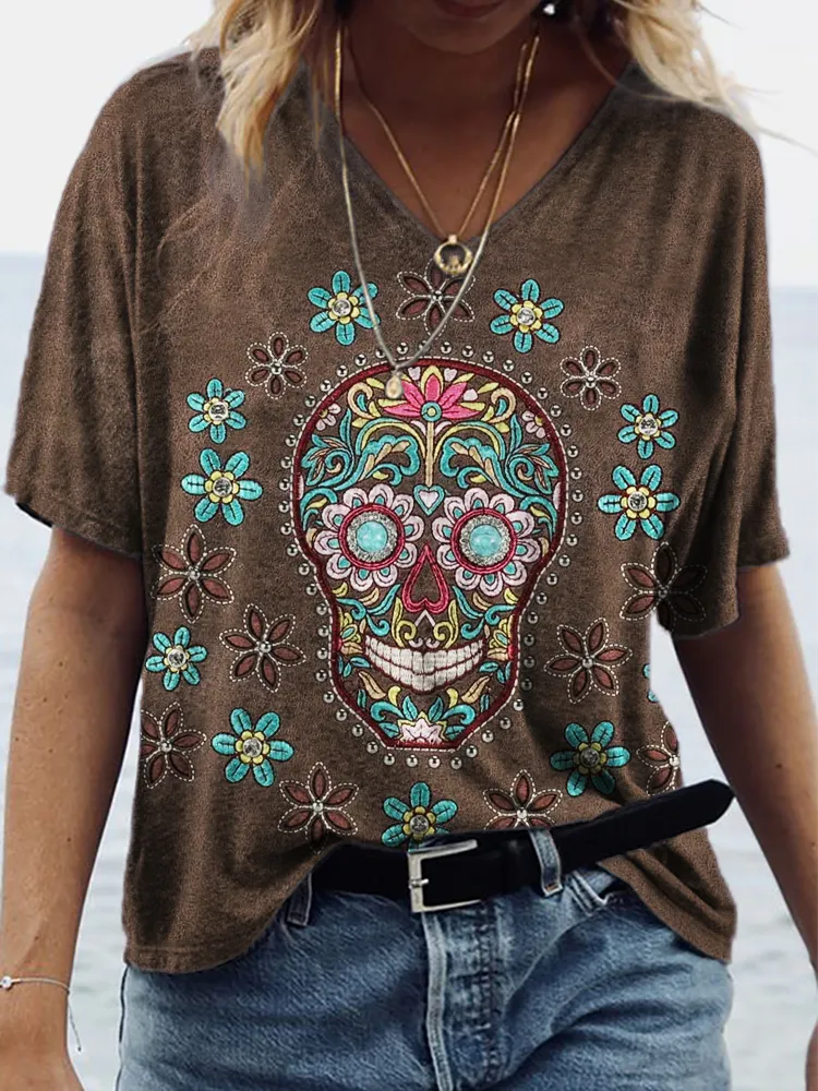 Sugar Skull Floral Leather Art V Neck T Shirt