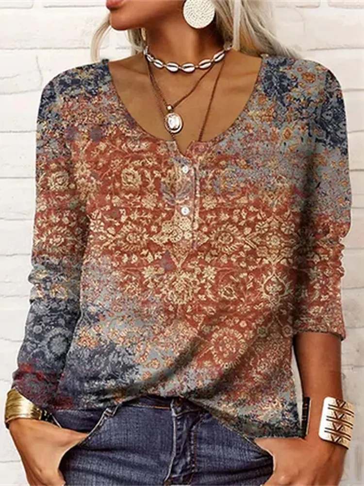 Vintage Print Long Sleeve Casual T-Shirt