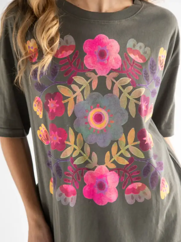 Remi Distressed Cotton Tee - Folk Flower