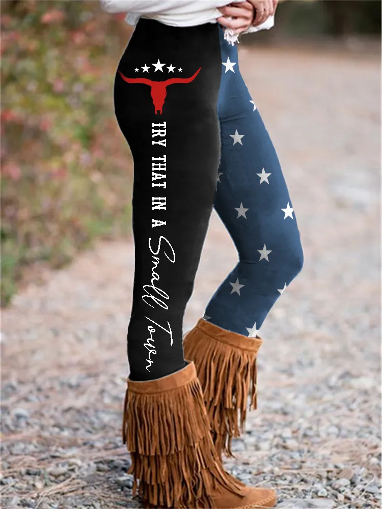 Try That in A Small Town Bull Skull Flag Inspired Leggings