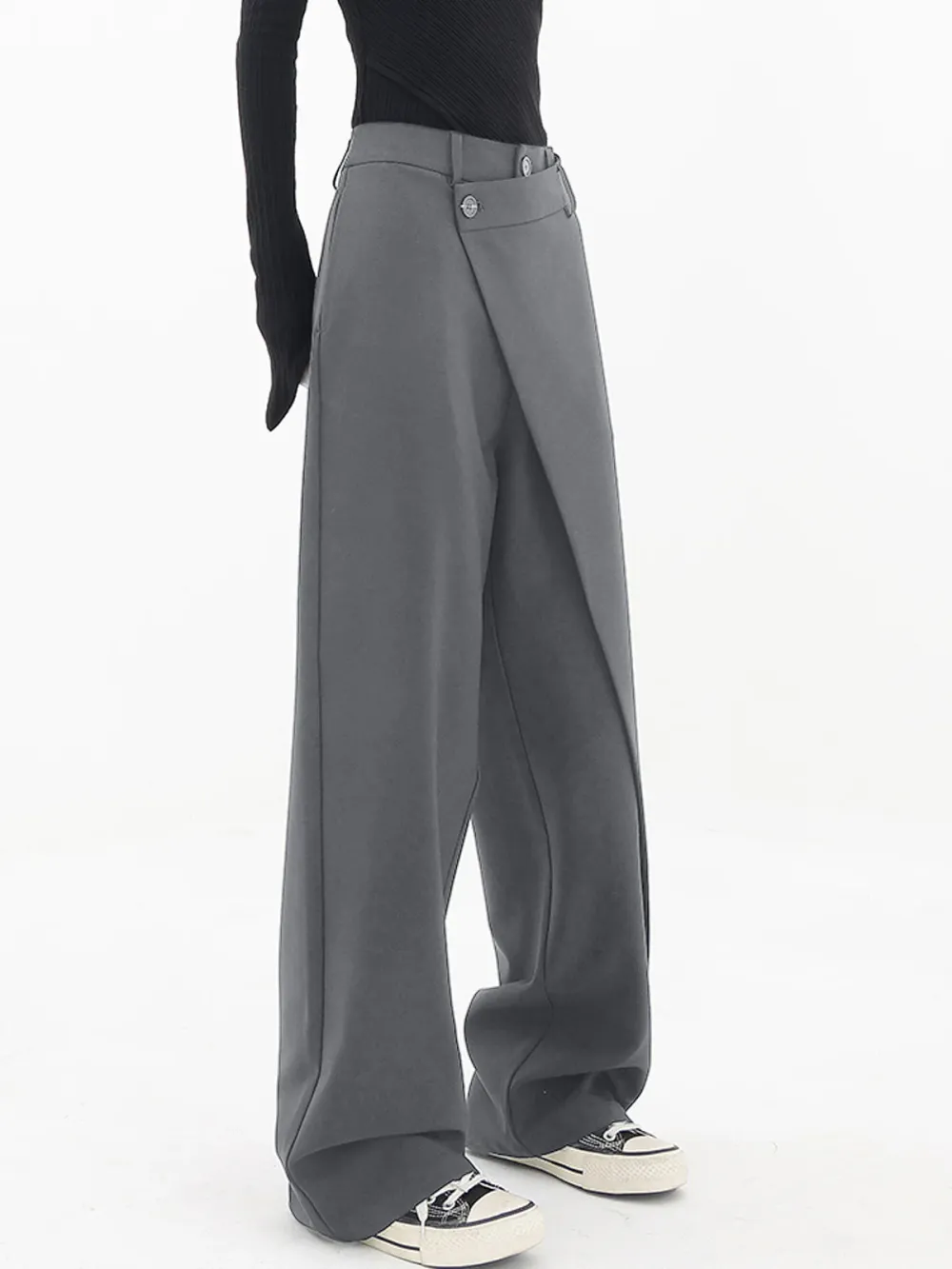 Asymmetrical Layer Button Wide Leg Dress Pants