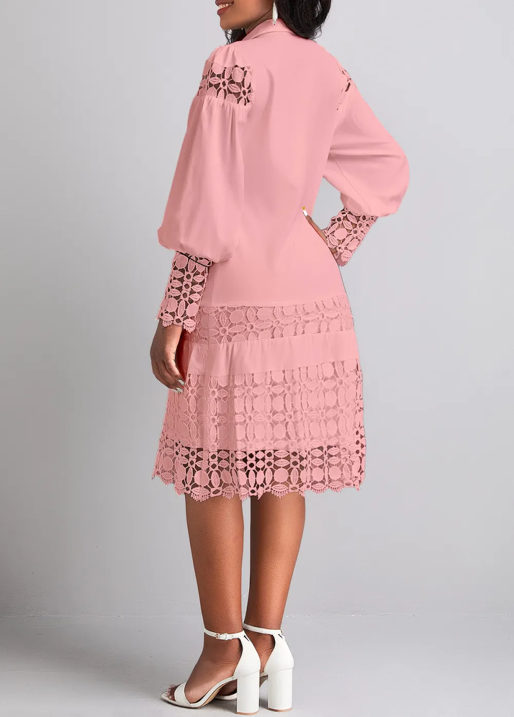 Lace Wine Red Long Sleeve Shirt Collar Shift Dress