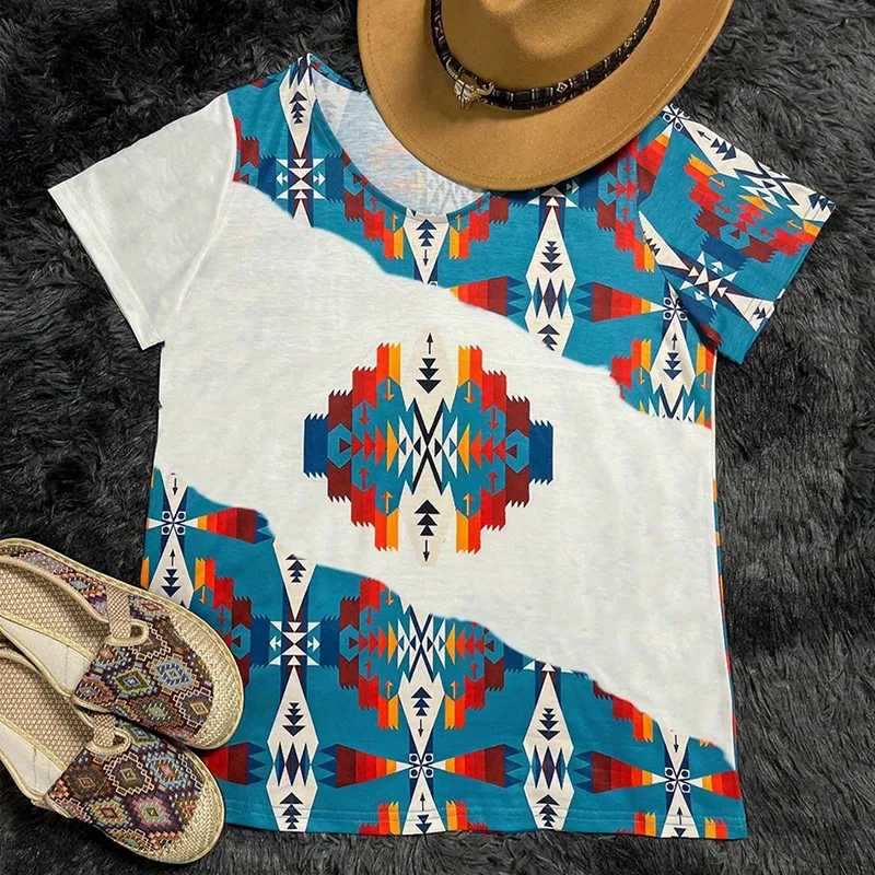 Western Geo Print Short Sleeve V-Neck T-Shirt