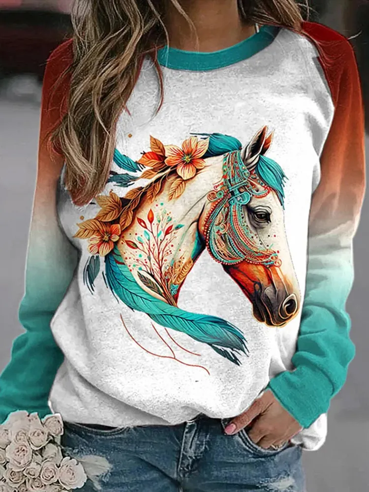 Western Gradient Horse Print Round Neck Casual Sweatshirt