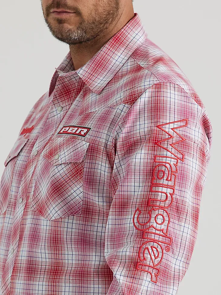 MEN'S WRANGLER® PBR® LOGO LONG SLEEVE PLAID WESTERN SNAP SHIRT IN RED TAN