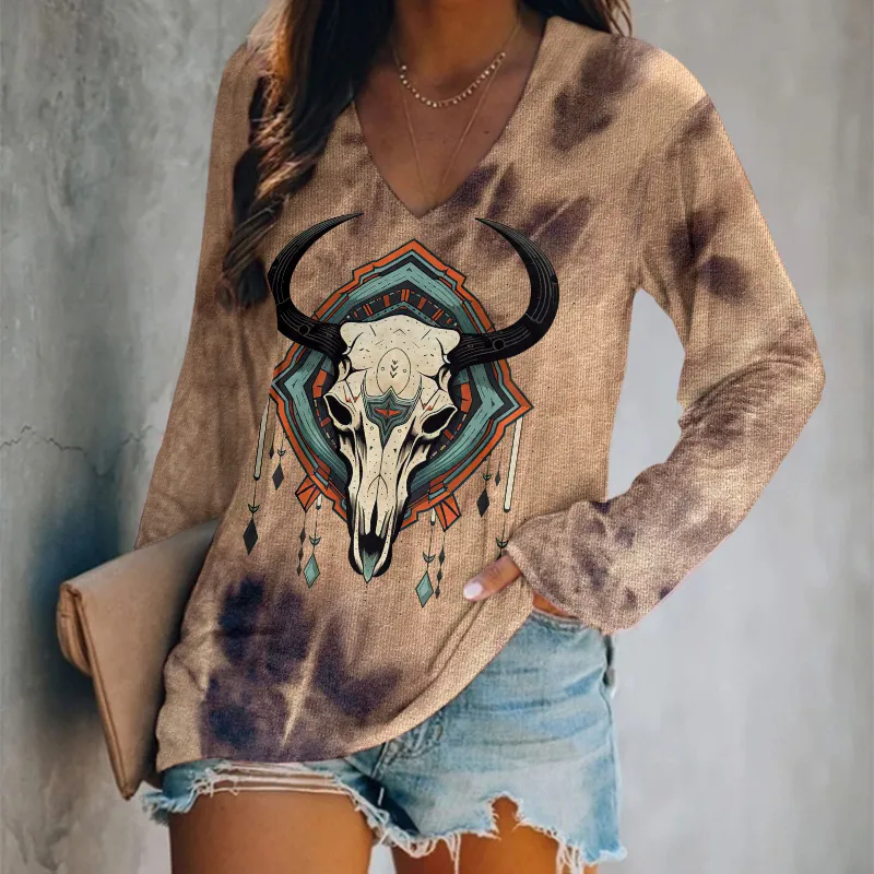 Aboriginal Sheep Head Tie-Dye V-Neck Long-Sleeved T-Shirt