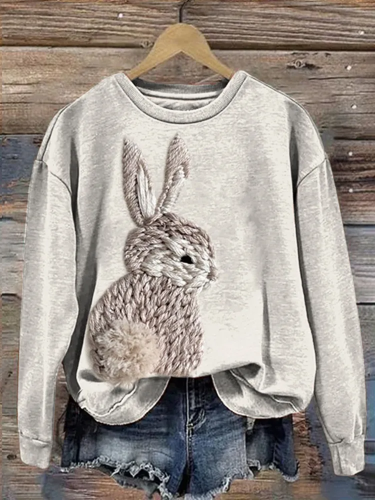 Cute Bunny Embroidery Art Casual Cozy Vintage Sweatshirt