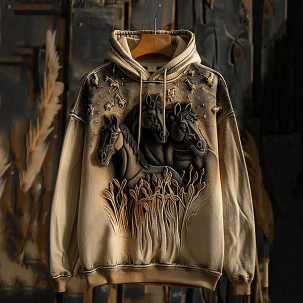 Vintage Western Horse Print Casual Hoodie