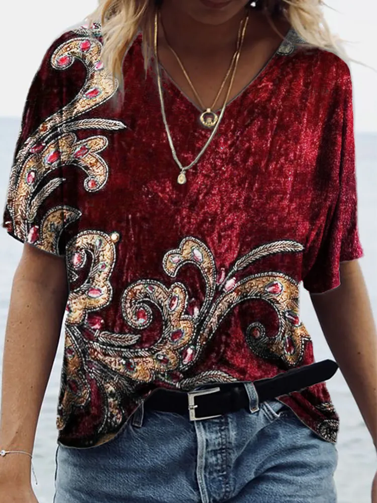 Rhinestone Floral Beaded Velvet V Neck T Shirt