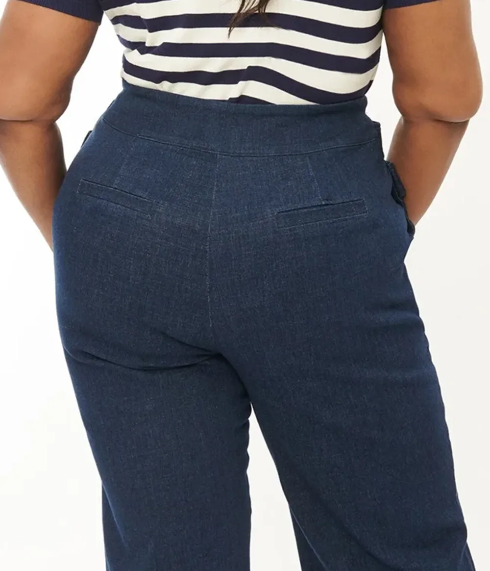 Unique Vintage Plus Size 1940s Denim High Waist Wide Leg Tab Pants