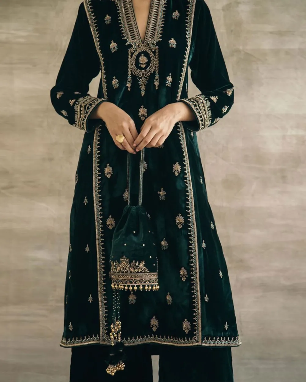 Silk Velvet Embroidered Mughal Kurta Set