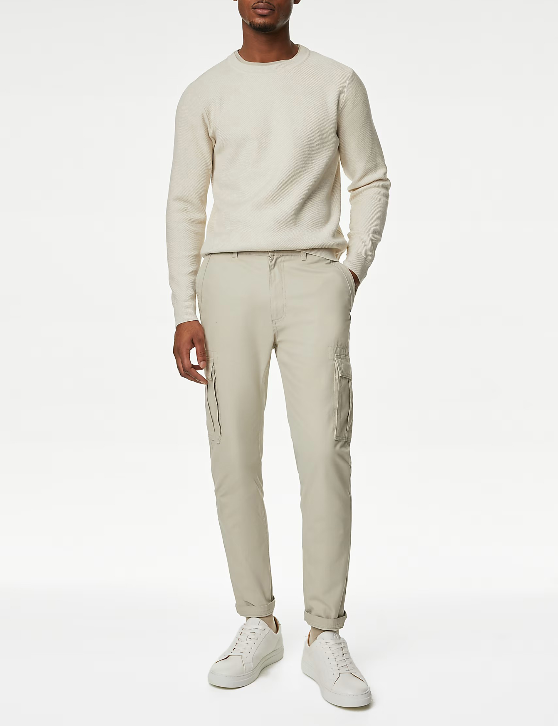 Cotton Blend Textured Crew Neck Jumper