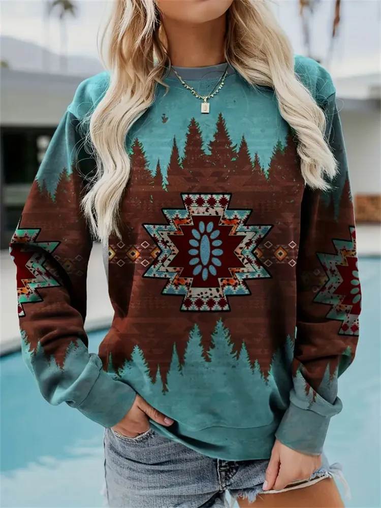 Aztec Print Crew Neck Pullover Sweatshirt