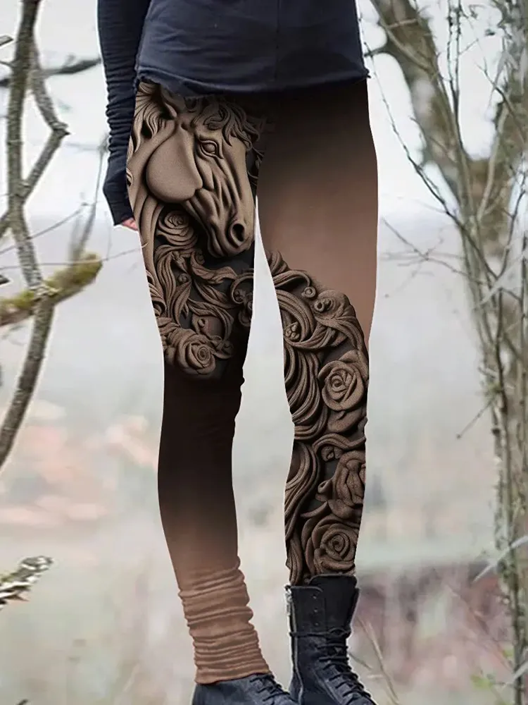 Vintage Western Horse Print Casual Leggings