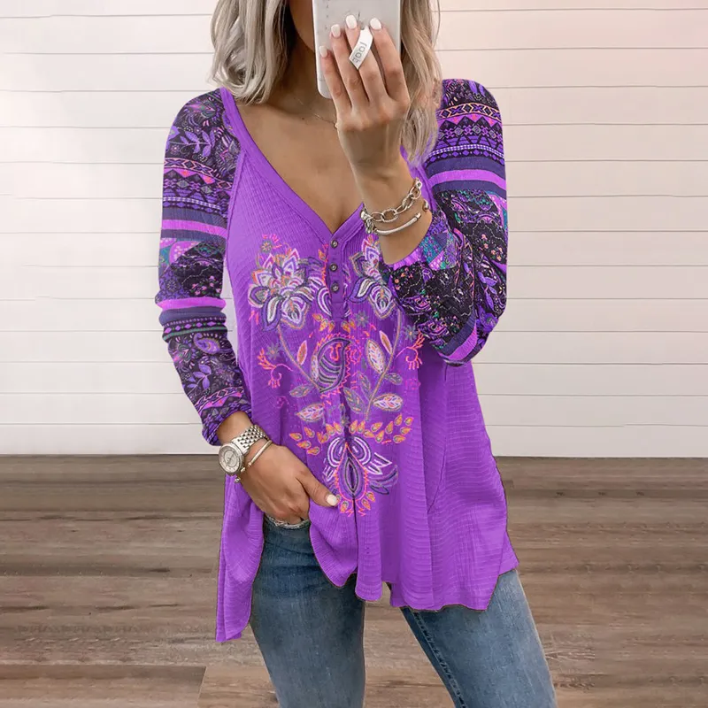 Casual Long Sleeve Printed V-Neck T-Shirt