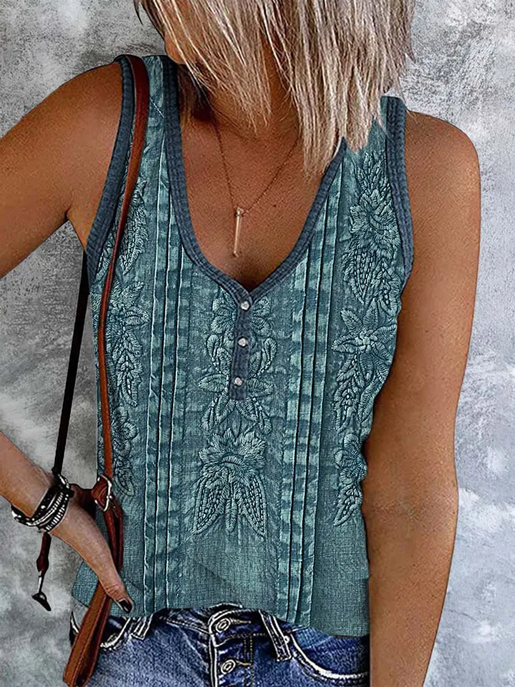 Western Tribal Art Print Button Casual Tank Top