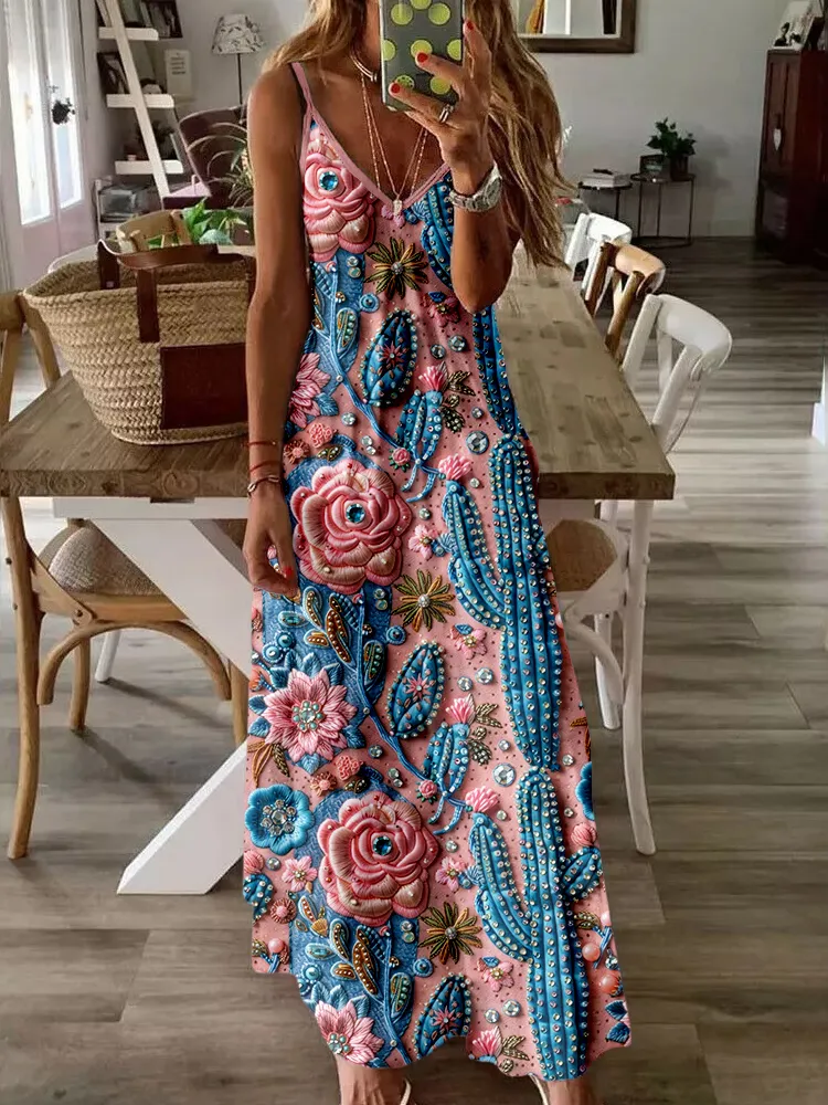 Western Cactus Floral Embroidered Cami Maxi Dress