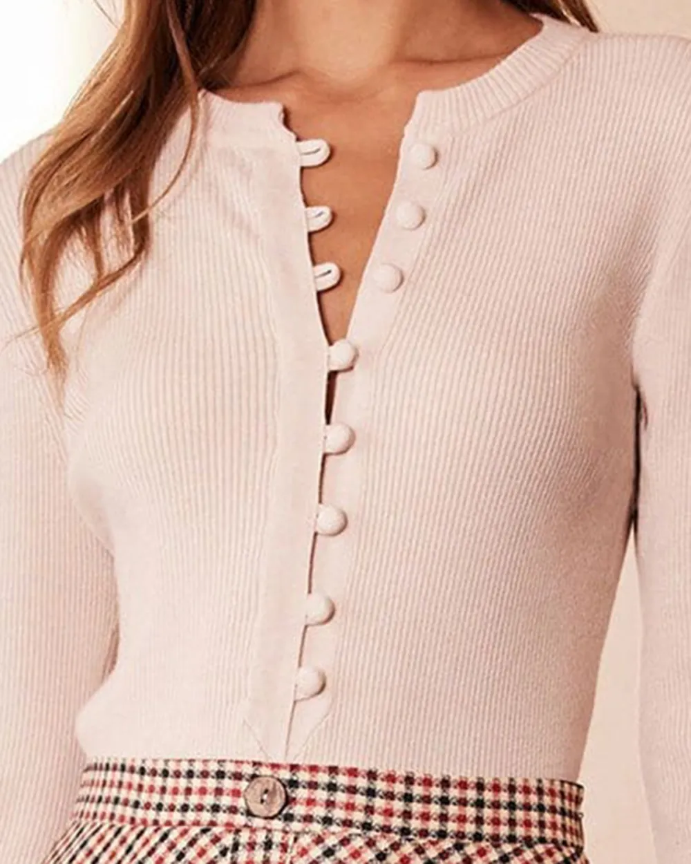 The Apricot Round Neck Button Up Knit Top