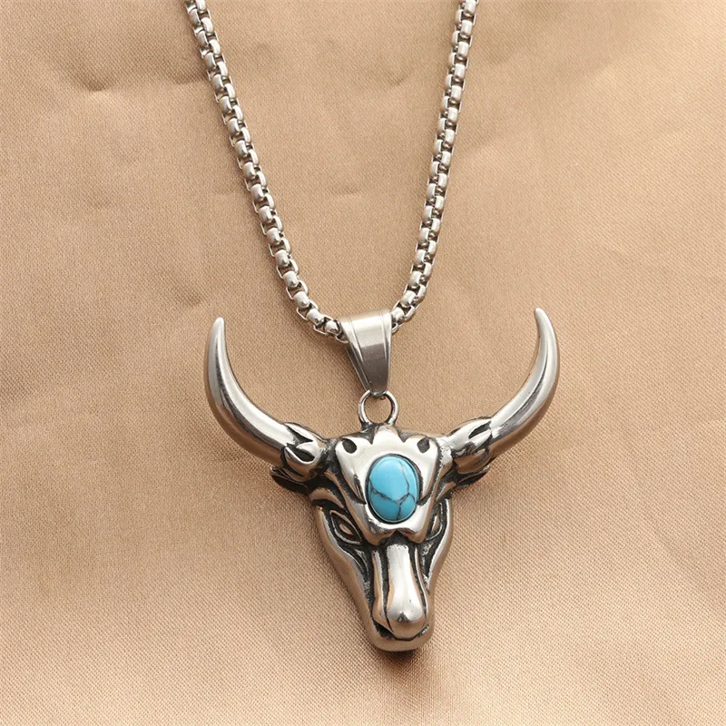 Stainless Steel Turquoise Bull Head Necklace