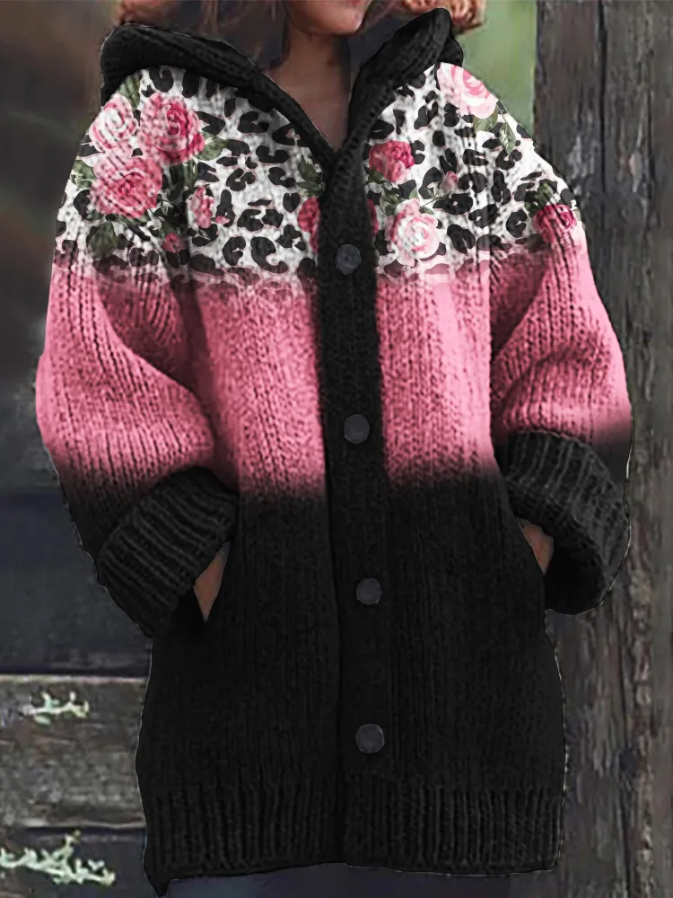 Pink Roses Leopard Contrast Gradient Cozy Hooded Cardigan