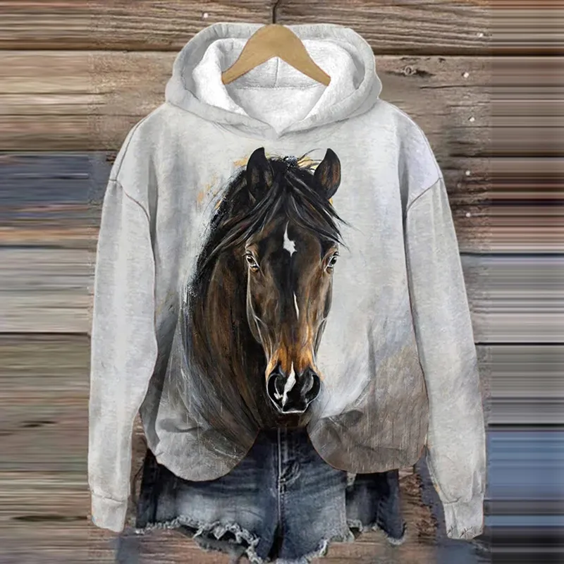 Women's Oil Painting Horses Print Casual Hoodie