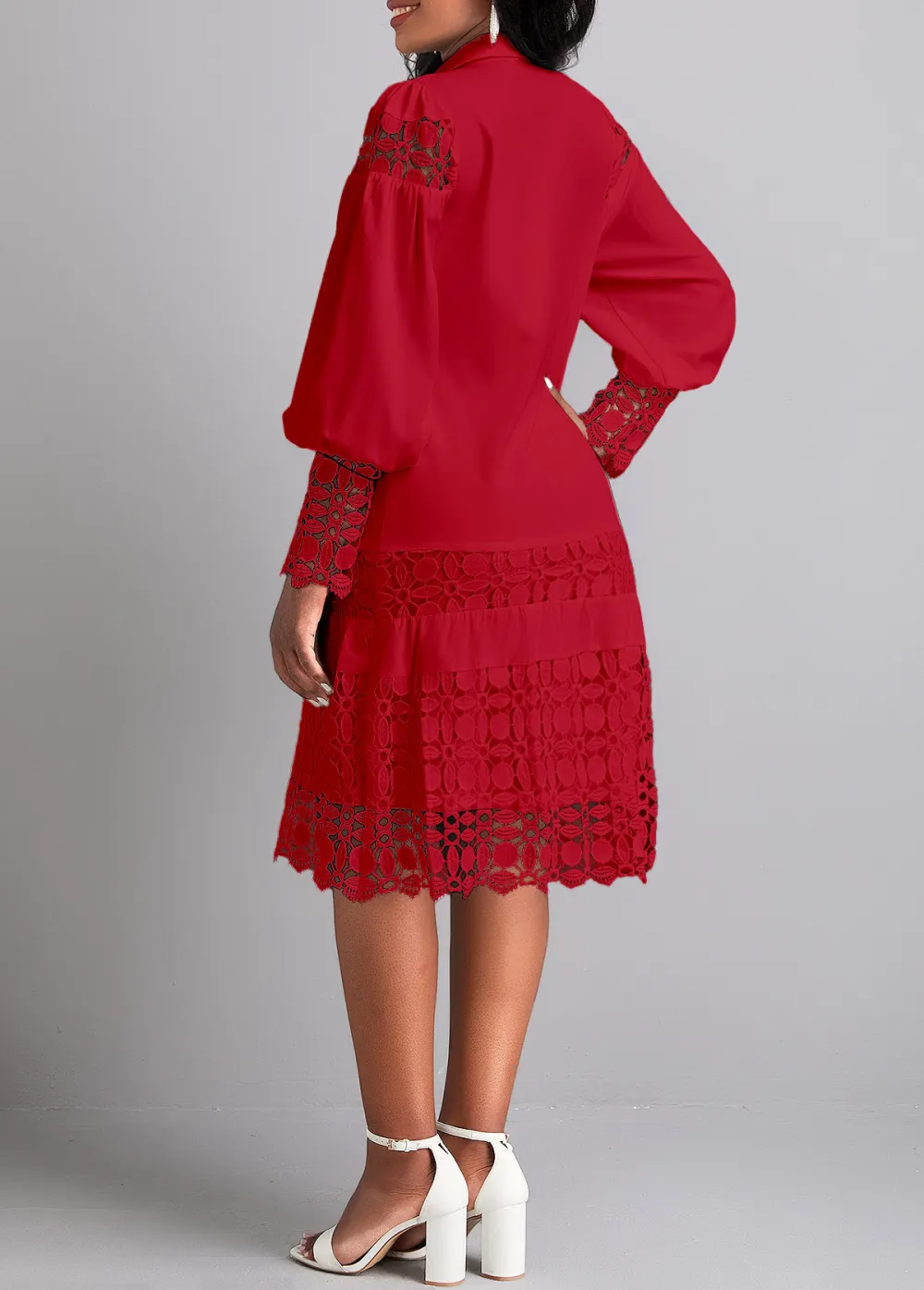 Lace Wine Red Long Sleeve Shirt Collar Shift Dress