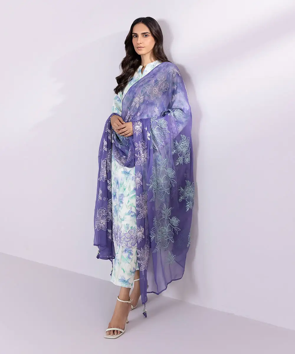 3 Piece - Embroidered Cotton Satin Suit