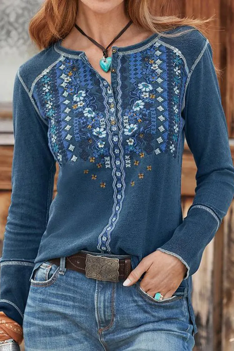 Western Tribal Printed Open Line V Neck Long Sleeve T-Shirt