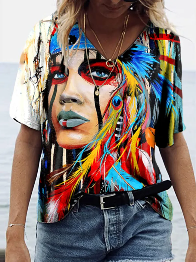 Western Print V-Neck Short Sleeve T-Shirt