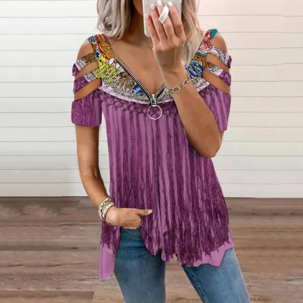 Vintage  Ethnic Fringe V-Neck T-Shirt