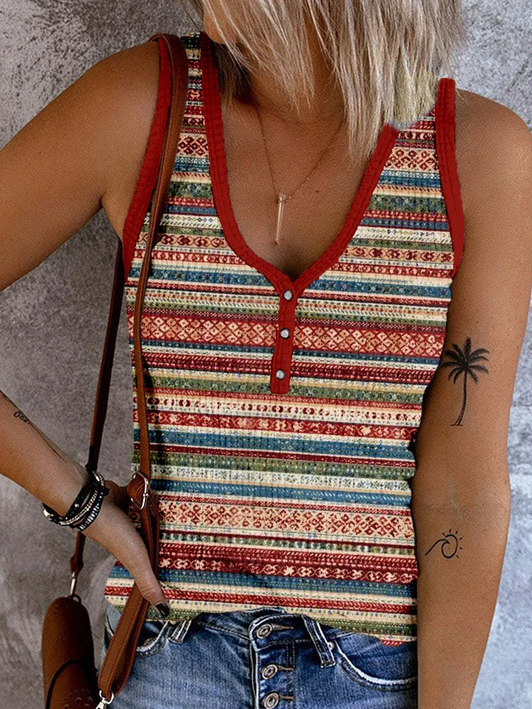 Vintage Western Ethnic Pattern V Neck Button Up Tank Top