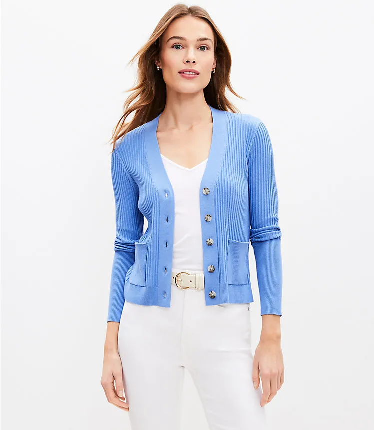 Mixed Ribbed Pocket V-Neck Cardigan